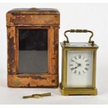 An early 20th Century carriage clock timepiece in case, with enamel dial and Roman numerals, the