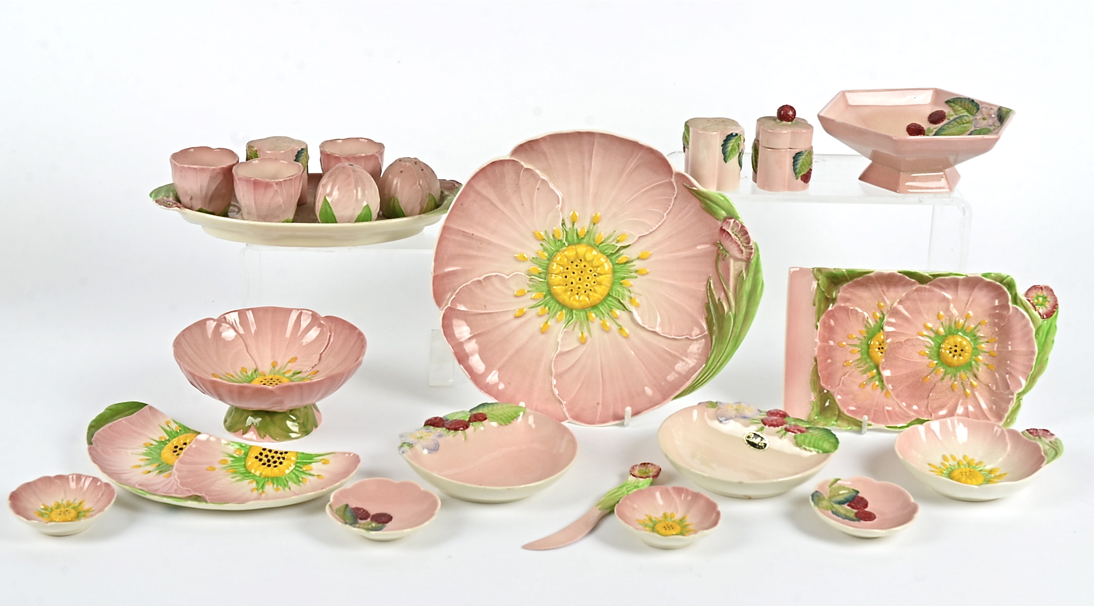 A group of Carlton Ware tablewares in the pink buttercup pattern, to include crescent shaped dishes,