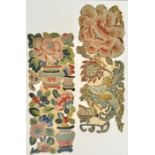 A pair of Chinese embroideries, possibly once kimono sleeves, one set designed with flowers and