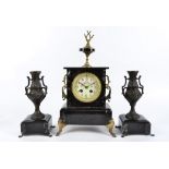 A French Belle Époque clock garniture, the slate and green marble with applied gilt spelter mounts