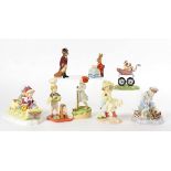 A collecton of Royal Doulton figures, including 'Happy Birthday Bunnykins' DB21, 'Caught One', '