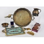 A collection of silver plate, including dishes, bowls and platters, together with a brass twin