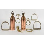 Two sets of stirrups, together with a door hook modelled as a horse, two copper bottles and more (