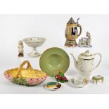 A collection of European porcelain, including a coffee pot, comport, a Sarreguemines Art Deco