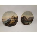 Late Victorian Hand Painted Wall Plates, a pair of pottery wall plates each painted with extensive