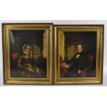 A pair of 19th Century oil on canvas portraits, featuring a seated man and woman in formal attire,