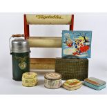 A 20th Century tin vegetable stand, height 51cm, together with several collectable tins, including