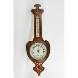 An oak aneroid barometer, length 88cm, together with a walnut hall clock, with enamel dial, pendulum