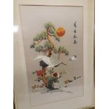Japanese Embroidered Silk Panels, three framed and glazed examples, including a pair depicting birds