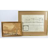 An Australian bark picture, depicting a rural landscape with a lane running through it, signed and