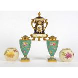A pair of Grainger & Co Worcester porcelain blush ivory posy vases, decorated with floral design,