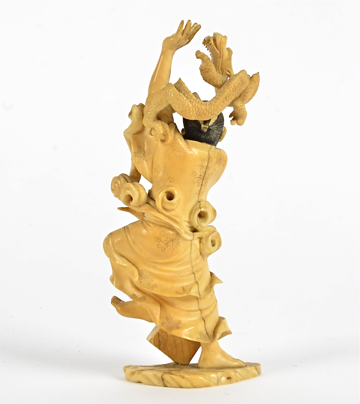 A Japanese Meiji period okimono of a magician and his dragon, height 17cm, artist's signature to - Image 2 of 2