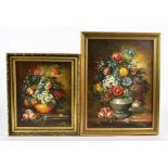 Two 20th Century oil on canvas still life paintings, both with indistinct signature to lower