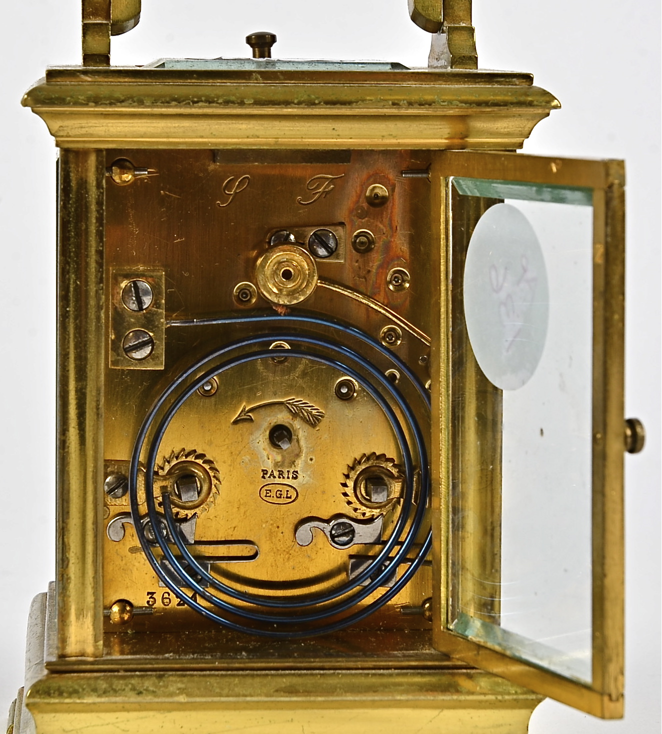 A late 19th Century French brass carriage clock, white enamel dial with Roman numerals, inscribed ' - Image 2 of 2