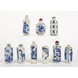 A quantity of Chinese snuff bottles with underglaze blue decoration, including an example with a