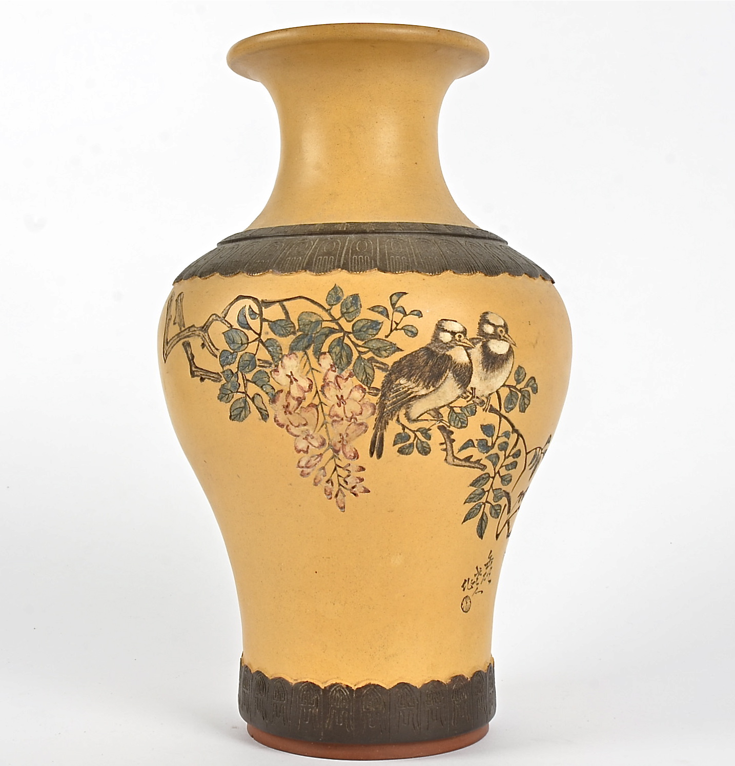 A Japanese terracotta vase, with incised decoration of a pair of birds perching on a branch,