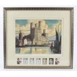 A limited edition hand tinted aquatint engraving, by Joseph F Pimm, Caernarvon Castle, framed with a