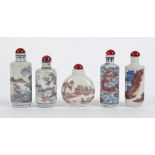 Five underglaze red and blue Chinese snuff bottles, four of cylindrical form, decorated with various