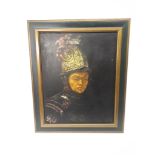 Oil on Canvas The Man With The Golden Helmet, a framed 1960s oil on canvas depicting an 18th century