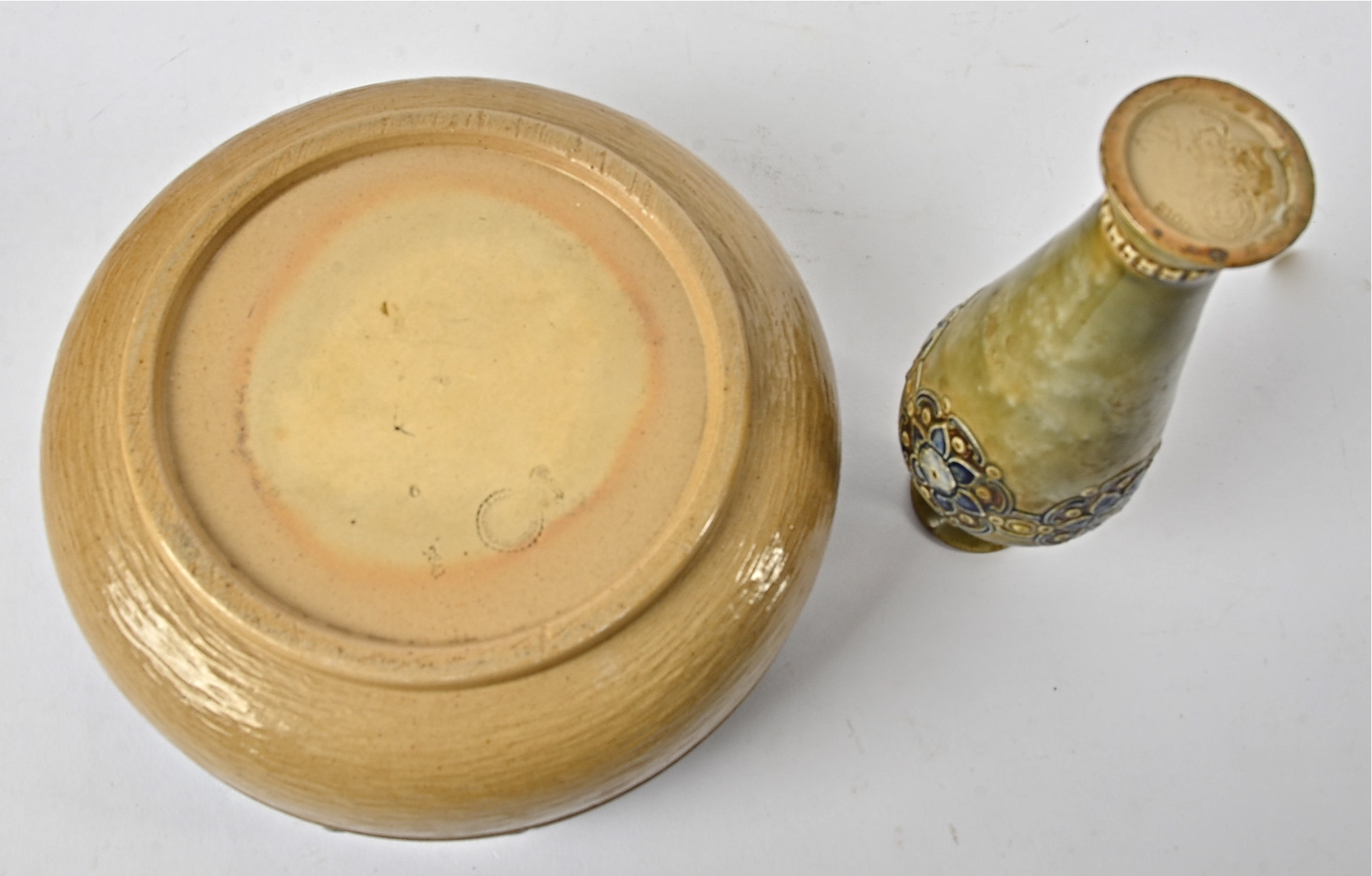 A Royal Doulton Lambeth bowl, with a tan mottled body and blue glaze and flowers to the rim, - Image 2 of 2