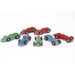 Timpo Toys Racing Cars, post-war MG Record Car (3), red, green and blue examples, Record Breaker Car