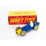 A Dinky Toys 234 Ferrari Racing Car, blue body, yellow nose cone and hubs, white driver, RN5, in