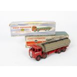Dinky Toy Foden Trucks, 504 Foden 14-Ton Tanker, 1st type red cab, chassis and hubs, silver flash,
