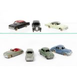 French Dinky Toy Cars, 24S Simca 8 Sports, grey body, red seats, convex hubs, 24R Peugeot 203,