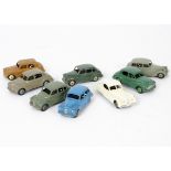1950s Dinky Toy British Cars, Austin Devon (3), first light blue body and hubs, second suede green