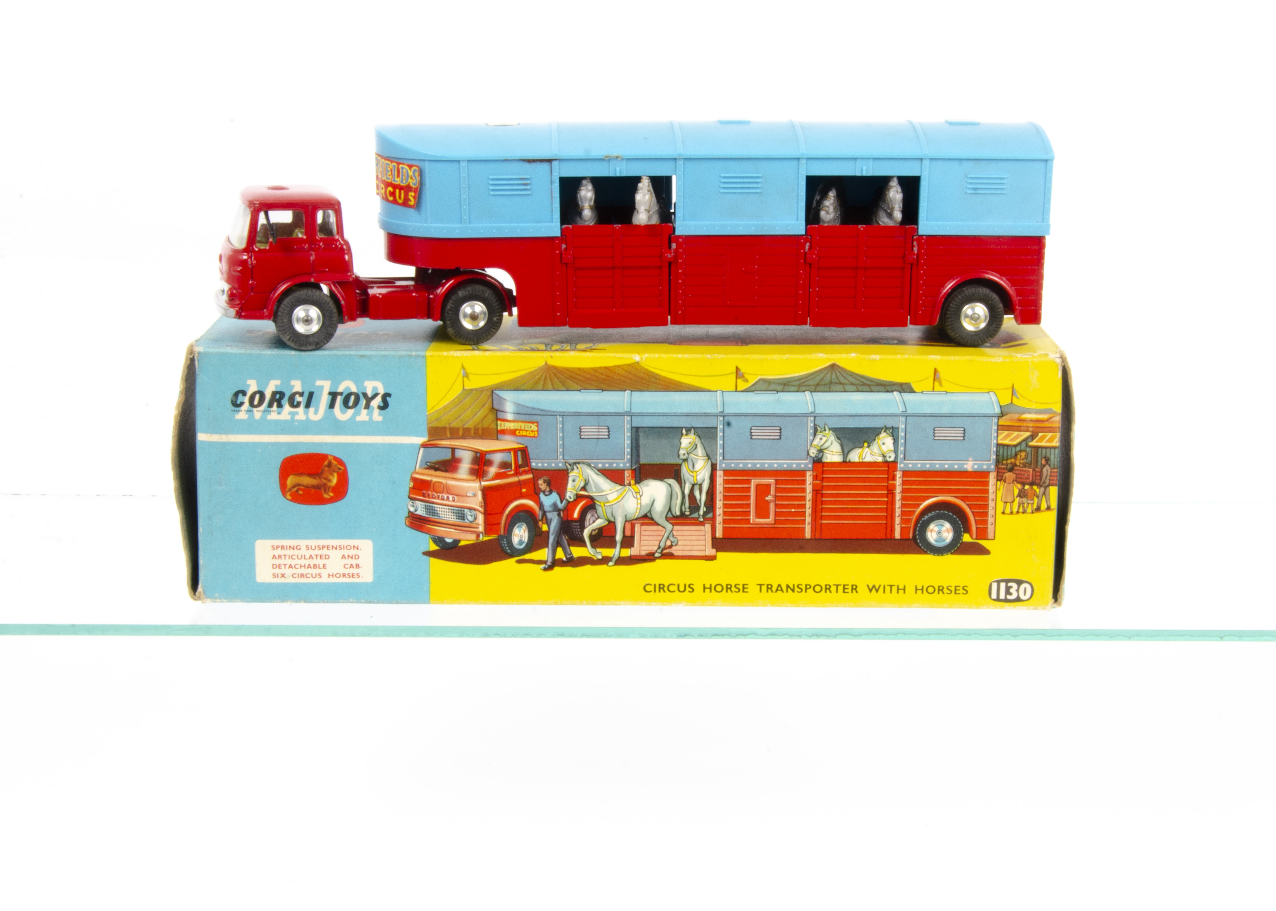 A Corgi Major Toys 1130 Chipperfield~s Horse Transporter, red cab, red/blue trailer, spun hubs,