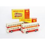 Dinky Toys 292 Leyland Atlantean Bus, two examples, both red/white bodies, spun hubs, one with ~