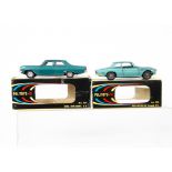 Politoys M-Series, N.515 Iso Rivolta Coupe GT, metallic turquoise body, N.521 Opel Diplomat V8,