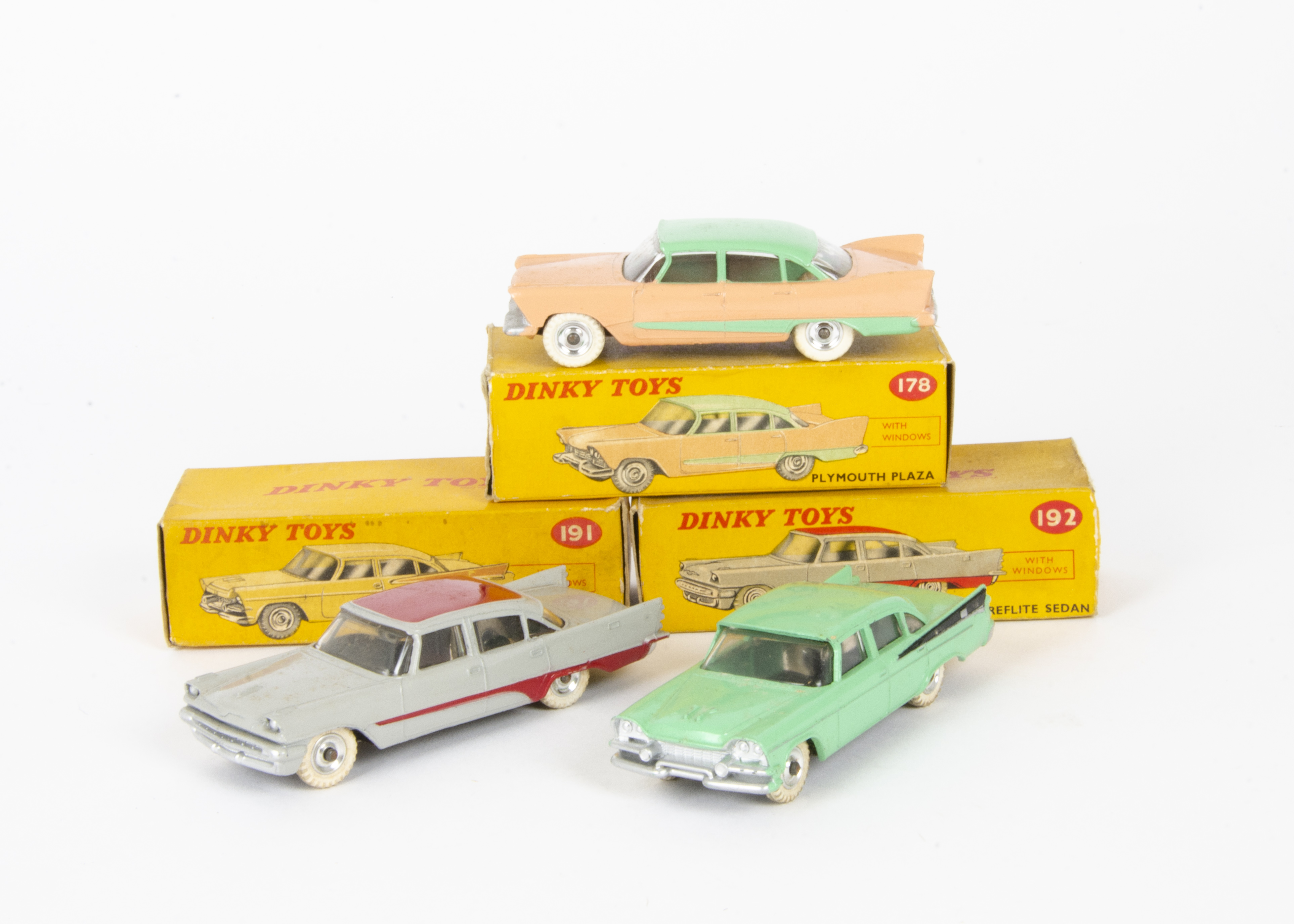 Dinky Toys American Cars, 191 Dodge Royal Sedan, 192 De Soto Fireflite Sedan, 178 Plymouth Plaza,