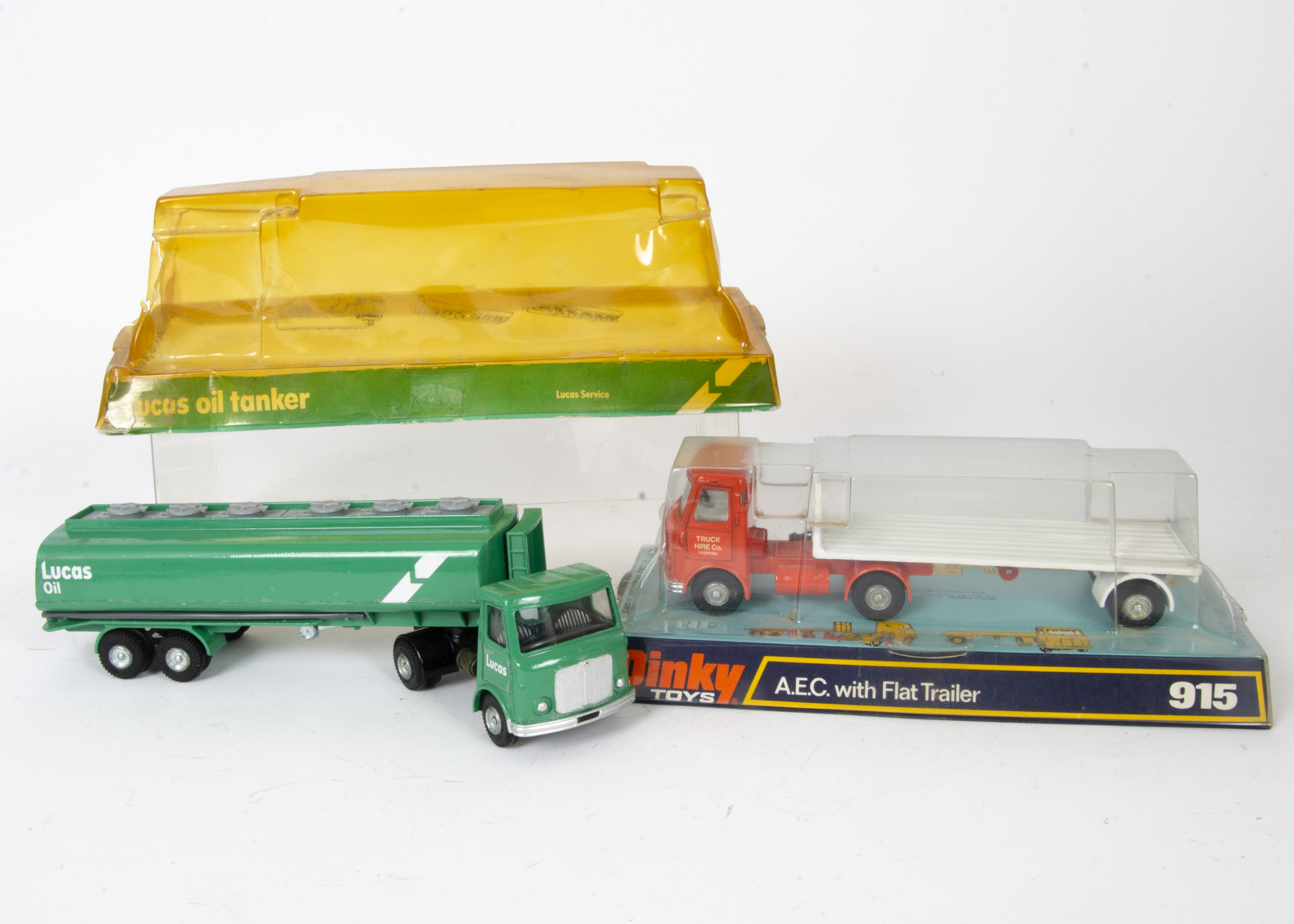 Dinky Toys 945 A.E.C ~Lucas Oil~ Tanker, promotional model, green cab and tank, bare metal hubs, 915