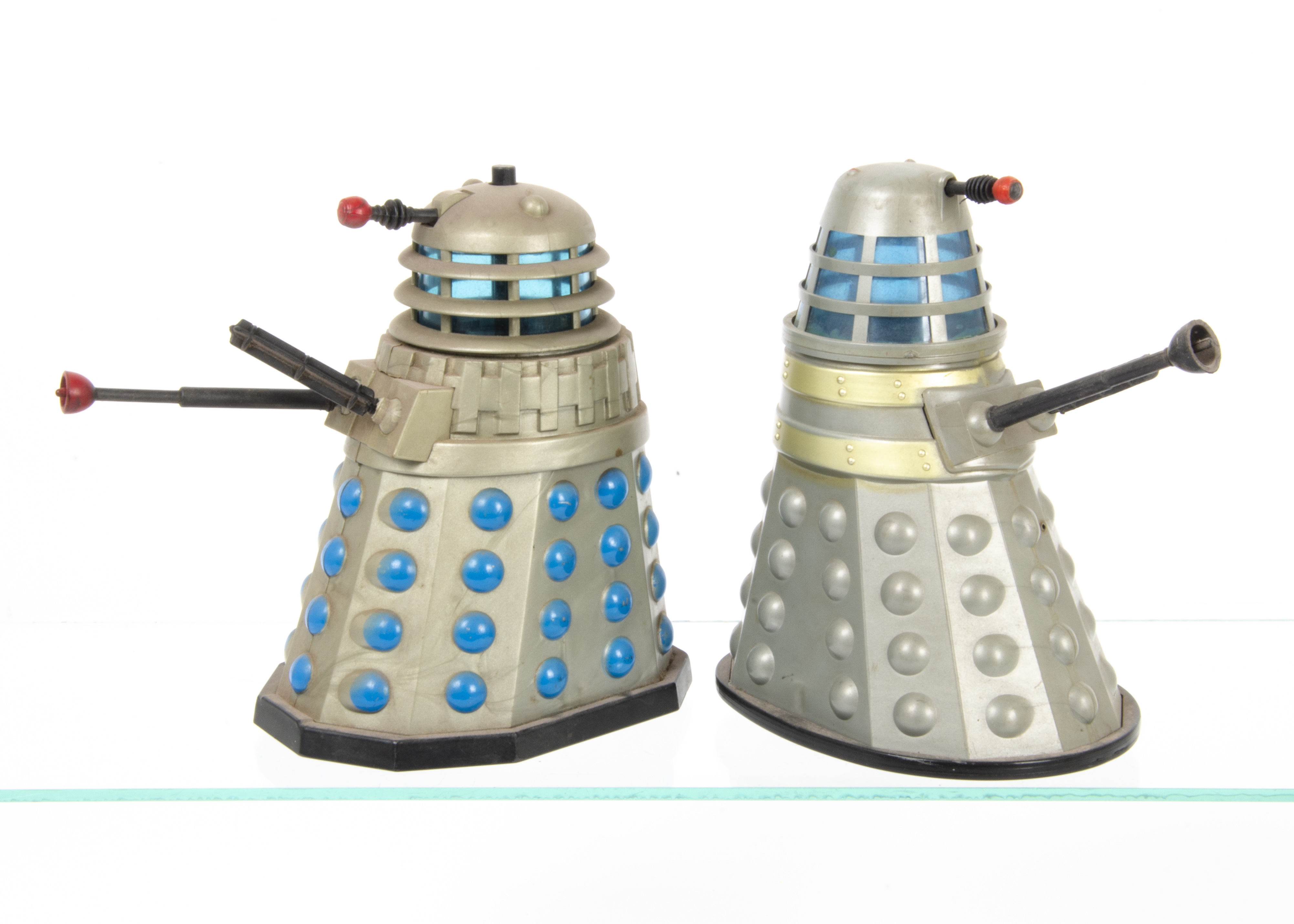 Marx Toys Plastic Friction Drive Dr Who Dalek, silver body, gold bands, blue glass, plunger, gun and