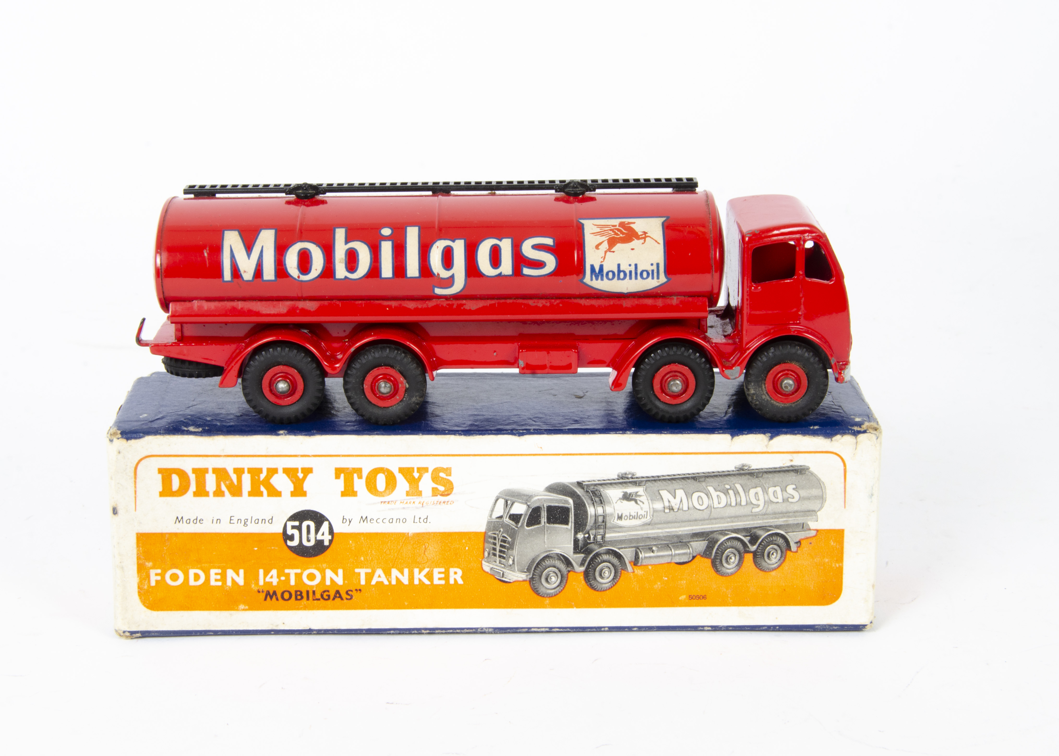 A Dinky Toys 504 Foden 14-Ton ~Mobilgas~ Tanker, 2nd type red cab, chassis, tank and grooved hubs,