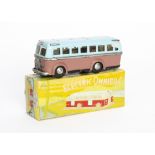 A Chinese Tinplate Battery Operated Electric Omnibus ME 005, mauve lower body, light blue upper