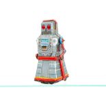 A Yoshiya (K.O Japan) Tinplate Clockwork Atom Robot, detailed tinprinted body, red eyes, friction