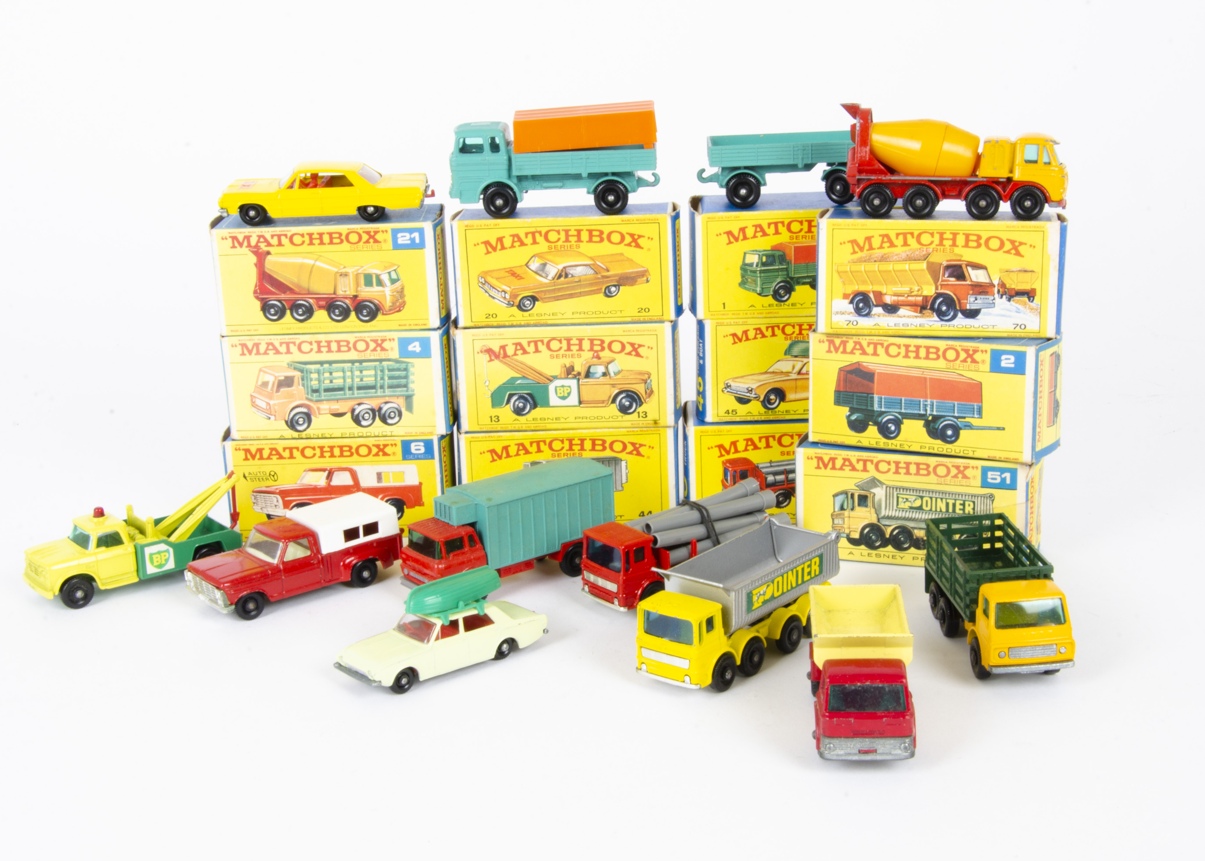 Matchbox Lesney 1-75 Series Vehicles, 20 Impala Taxi Cab, yellow body, red interior, 1 Mercedes