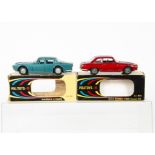 Politoys M-Series, N.541 Maserati Quattro Porte, metallic turquoise body, N.514 Alfa Romeo 2600