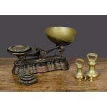 A pair of cast-iron weighing scales, with stepped base ‘W.E. FO? LARD EDG?WARE’ in gold letters