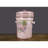 A large pale lilac enamel slop bucket, with stencilled flowers, lid with hole —13in. (33cm.) high (