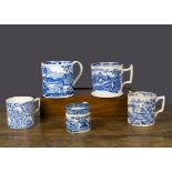 Five English earthenware blue and white transfer printed mugs, a large pearlware mug with scenes