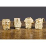 Four miniature salt-glazed stoneware character jugs, a ‘Before and After Marriage’ reversible