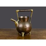 A Christopher Dresser design for Benham and Froud copper kettle, spherical on three brass feet,