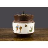 A Ball’s Patent Brownie The Almamater Tobacco Jar, brown glaze with transfer decoration of