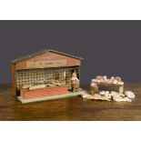 'U Lamb' Family Butcher toy shop, paper covered wood with drop-down front revealing counter, meat