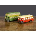 Two Chad Valley clockwork tinplate buses, a red National De Luxe Express single deck bus —6in. (