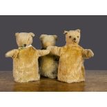 Three British teddy bear glove puppets, all probably by Omega, one with reddish gold mohair,