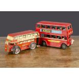 A Wells Brimtoy Double Deck Bus, clockwork, red lithographed tinplate with Regent Petrol advertising